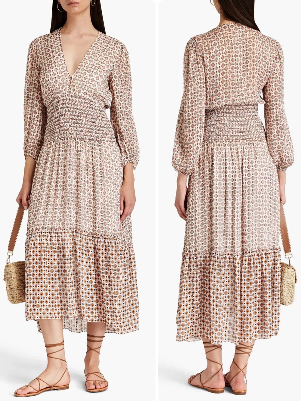 Maje Printed Chiffon Smocked Waist Plunging V-Neck Tiered Midi Dress NWT $535